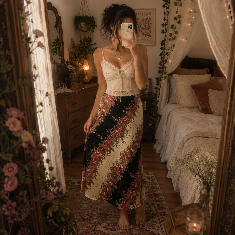 Vintage Y2K Whimsigoth Festival Feminine Fairy Cottagecore Midi Skirt